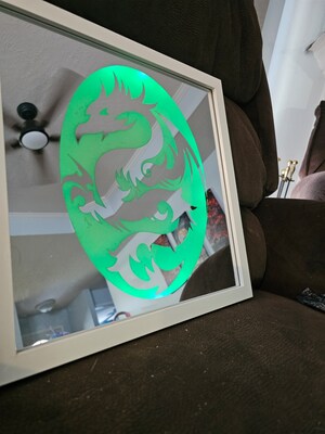 LED Lighted Mirror with Black or White Frame and Dragon With Flame Background Wall Hanger - image4